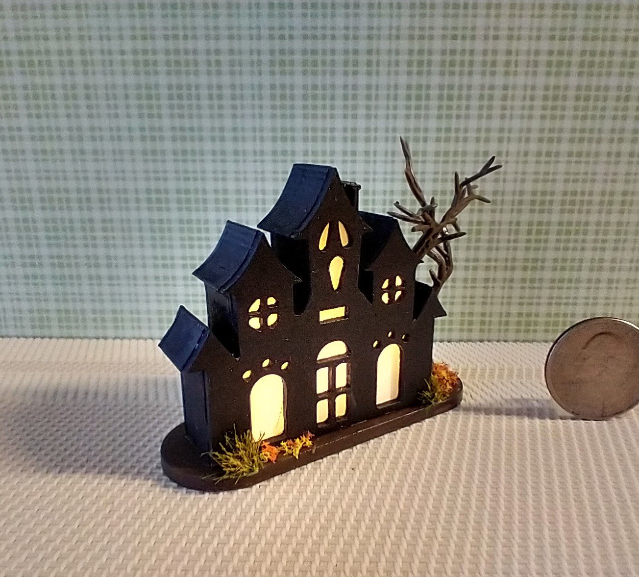 RESERVED Miniature light up halloween haunted house with leafless tree Battery operated for 1-inch scale or play scale REF 2