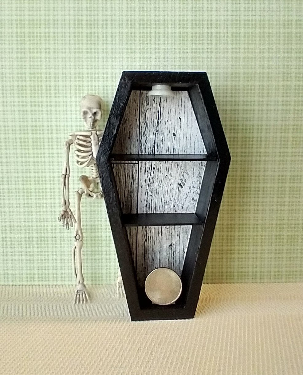 1:12 scale dollhouse miniature Halloween book shelf Black coffin display case Battery lighted Halloween display unit to showcase your mini Halloween treasures