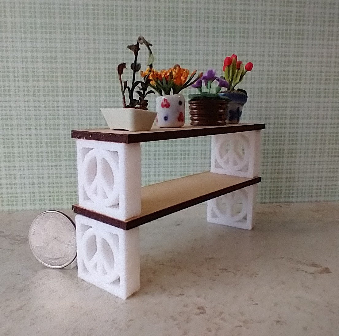 1:12 scale dollhouse shelving kit including 4 white breeze blocks and two unfinished MDF shelves / planks REF White peace