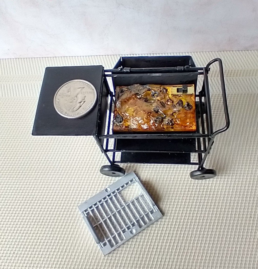 1:12 Dollhouse BBQ grill (metal) with battery operated charcoal glowing / flickering insert Upgraded grate and enlarged left shelf for grilled goodies