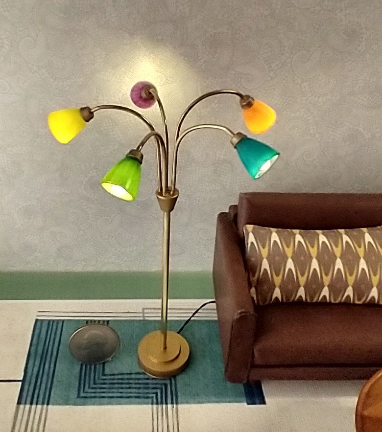 1:12 scale dollhouse mid-century style 5-arm floor lamp with shades in multiple colors