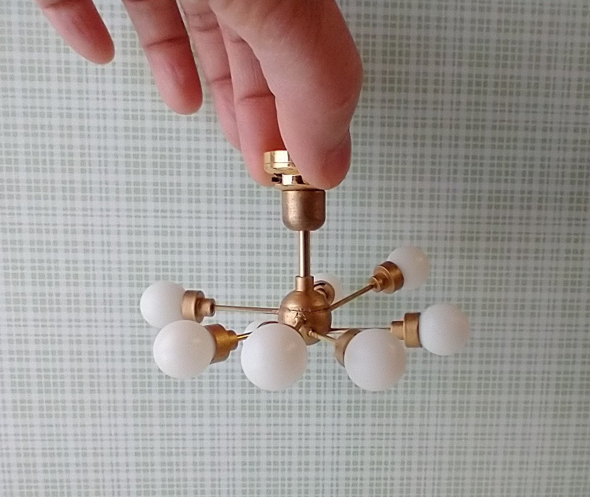 For Lisa MADE TO ORDER 1:12 Dollhouse mid-century inspired space age orbit chandelier Battery operated atomic age MCM 8-arm ceiling light Dollhouse sputnik chandelier
