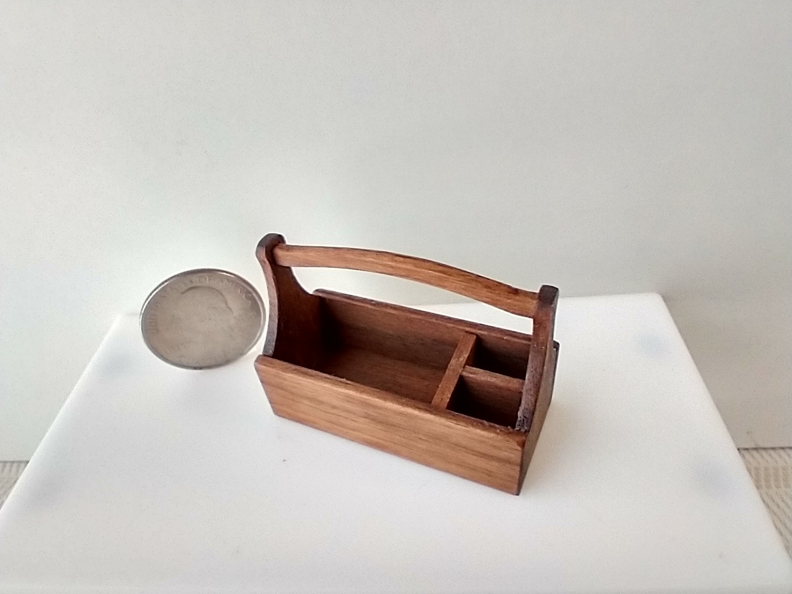 1:12 dollhouse tool tote in solid walnut Miniature tool tote for wood shop or gardening