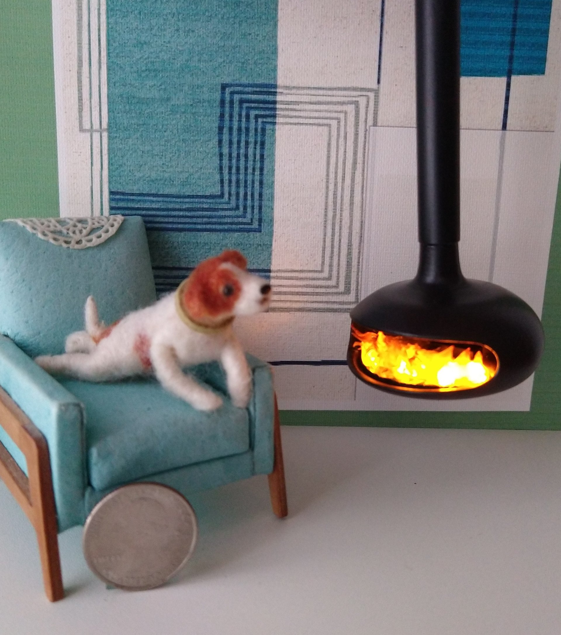 1:12 Dollhouse miniature hanging modern fireplace with battery operated flickering insert REF Black
