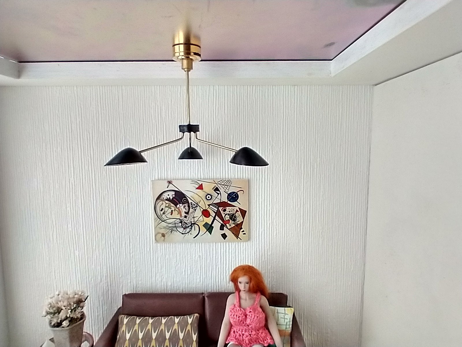 1:12 Dollhouse miniature mid-century modern curvilinear chandelier MCM 3-light ceiling light Battery operated LED miniature lamp