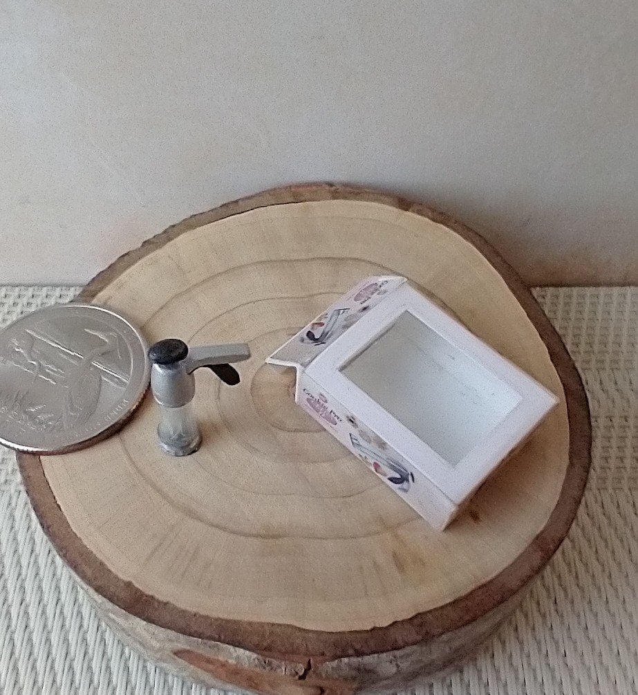 1:12 Dollhouse miniature cookie press and discs set in packaging box with clear front window Boxed spritz cookie press Price is for EACH set