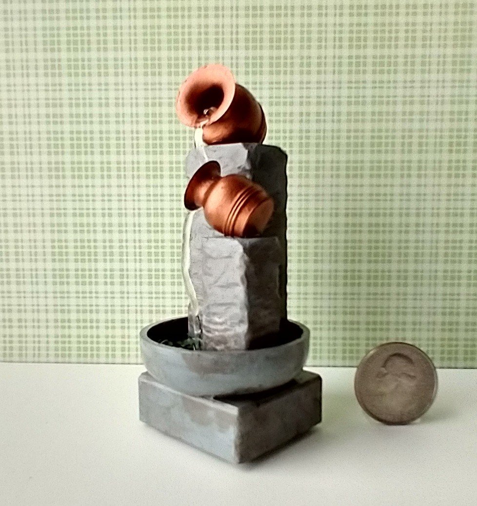 1:12 Dollhouse miniature lighted fountain in stone finish Battery lighted mini fountain for dollhouse garden or patio No external wires Pet not included