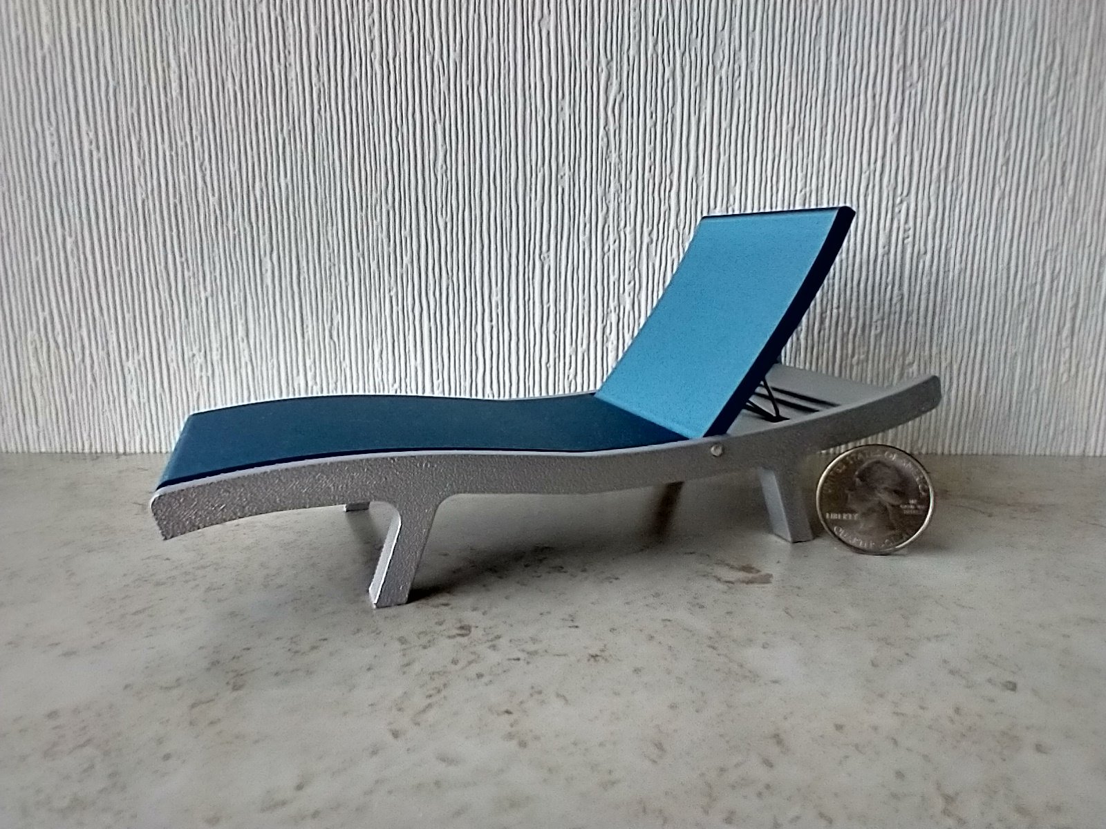 1:12 scale dollhouse chaise lounge with adjustable recline positions - for patio / deck / backyard / pool side / beach REF Blue