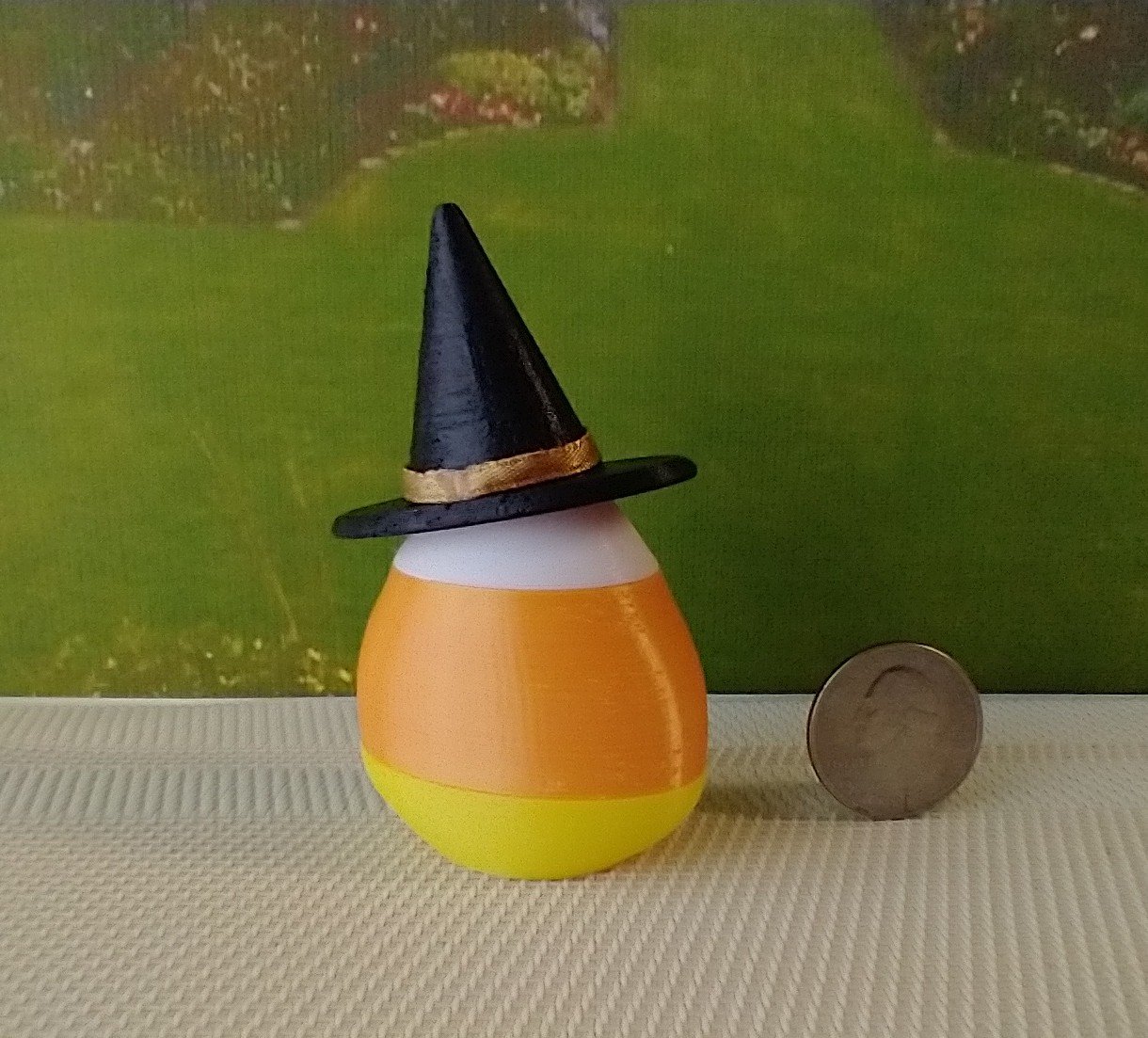 Dollhouse miniature lighted candy corn witch Battery operated Halloween decor for 1:12 or play scale REF Golden hat trim