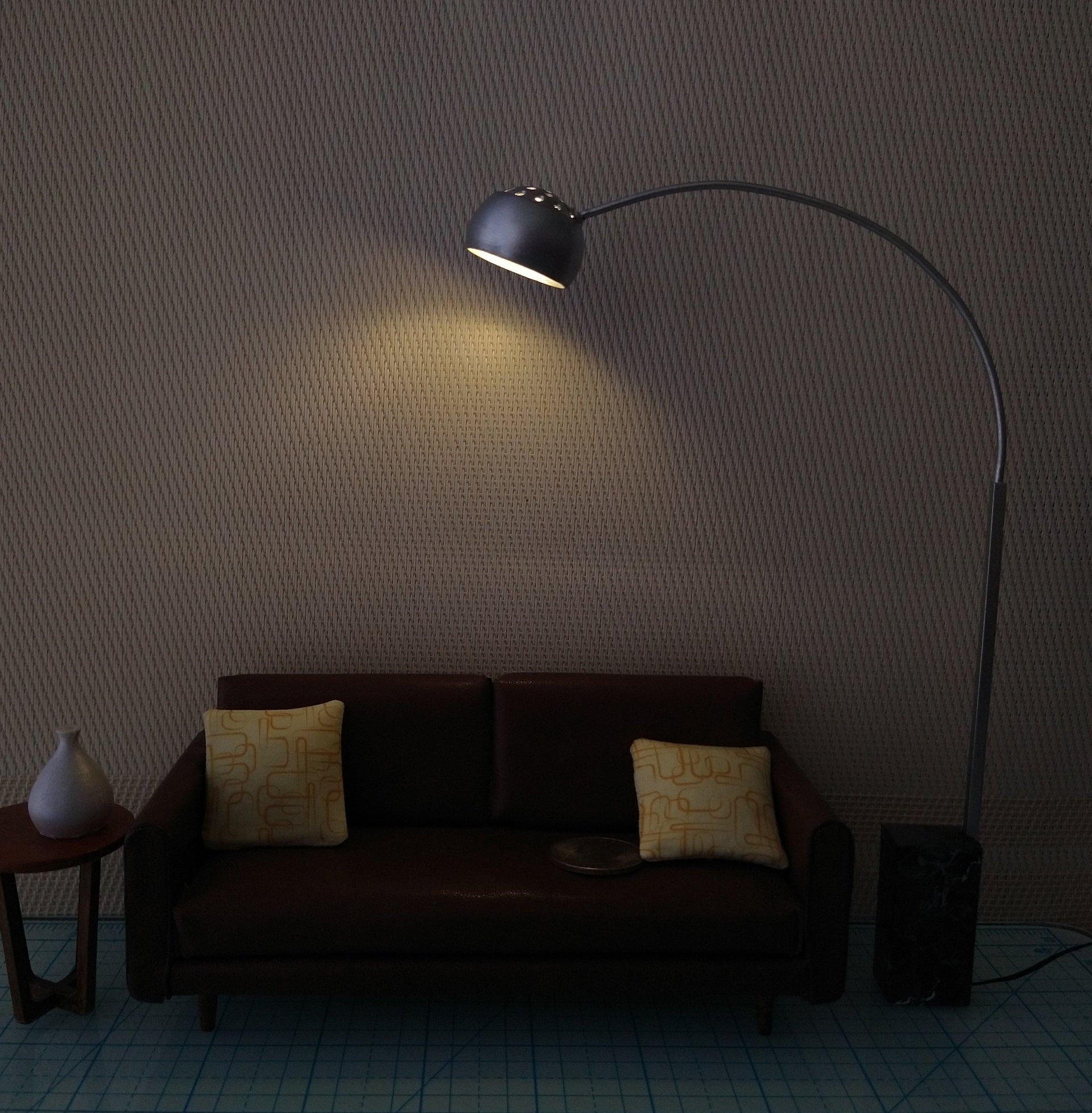 1:12 Dollhouse arc floor lamp with faux stone lamp base Mid century styled lamp Battery operated LED floor lamp on external wires