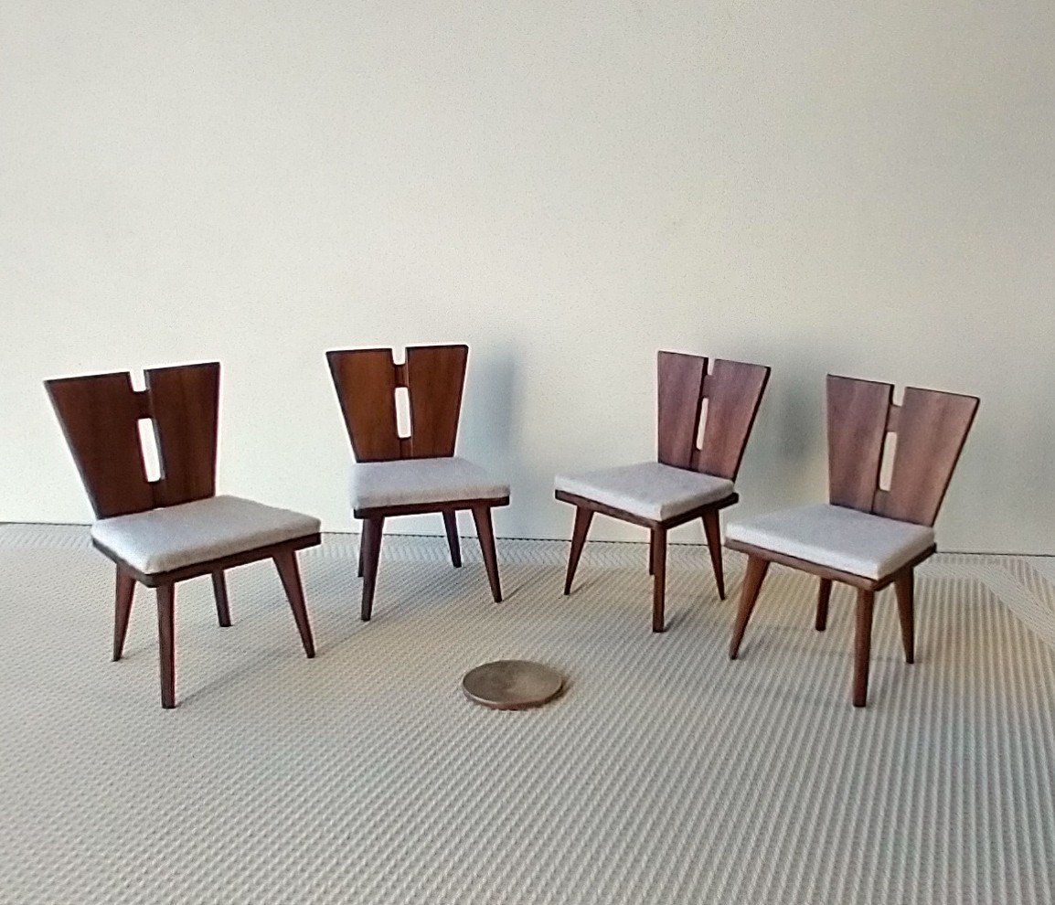 1:12 Dollhouse dining table and four chairs set in solid walnut Mid-century styled dining set