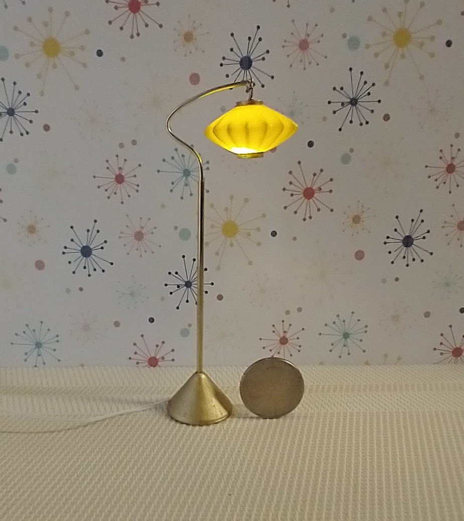 1:12 scale dollhouse mid-century style  cocoon floor lamp Inspired by a vintage Scandinavian design of the 50s Battery operated MCM lamp with external wires REF Curved post