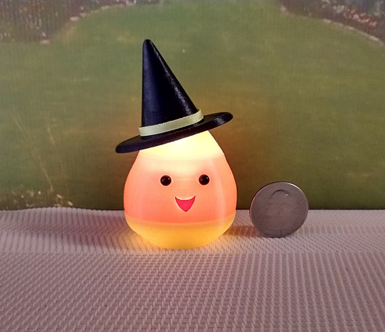 Dollhouse miniature lighted candy corn witch Battery operated Halloween decor for 1:12 or play scale REF Yellow hat trim B