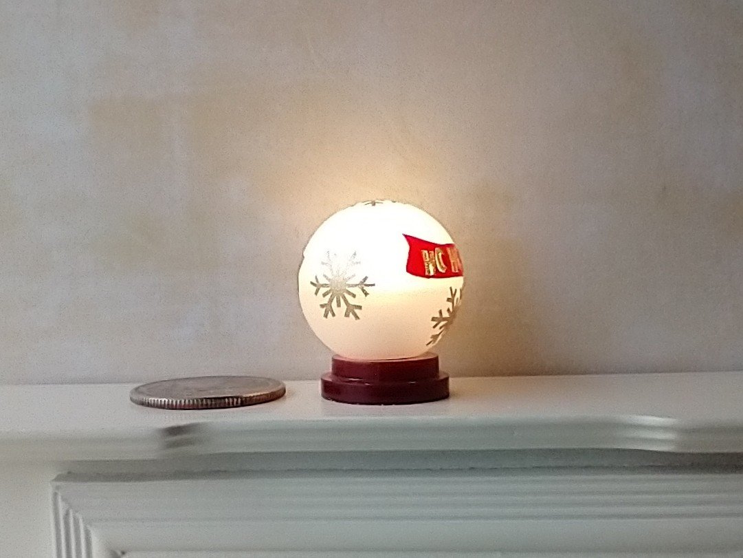 1:12 Dollhouse holiday light up globe ornament Free standing frosted globe Christmas ornament Battery operated holiday light REF Ho Ho Ho