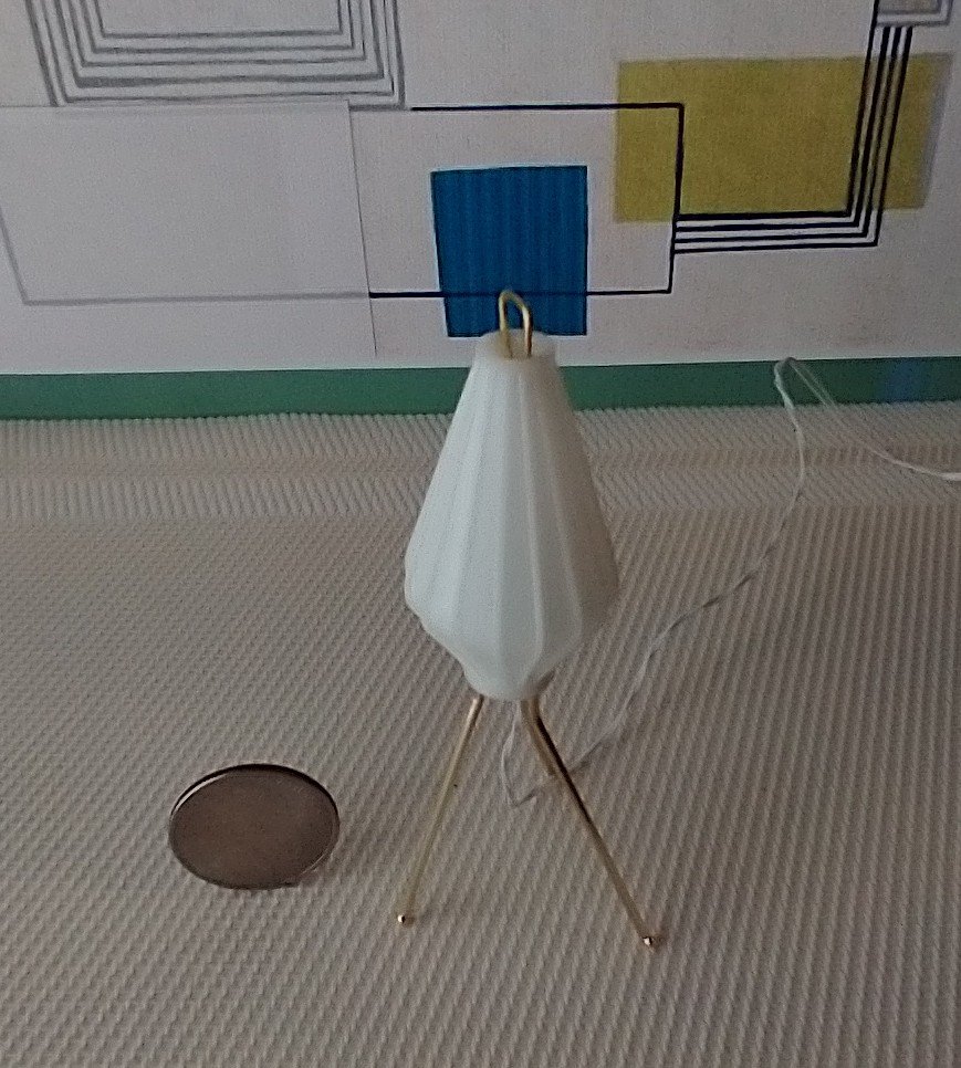 1:12 scale dollhouse mid-century modern tripod floor lamp Inspired by the 60s cocoon floor lamp Battery operated MCM lamp with external wires