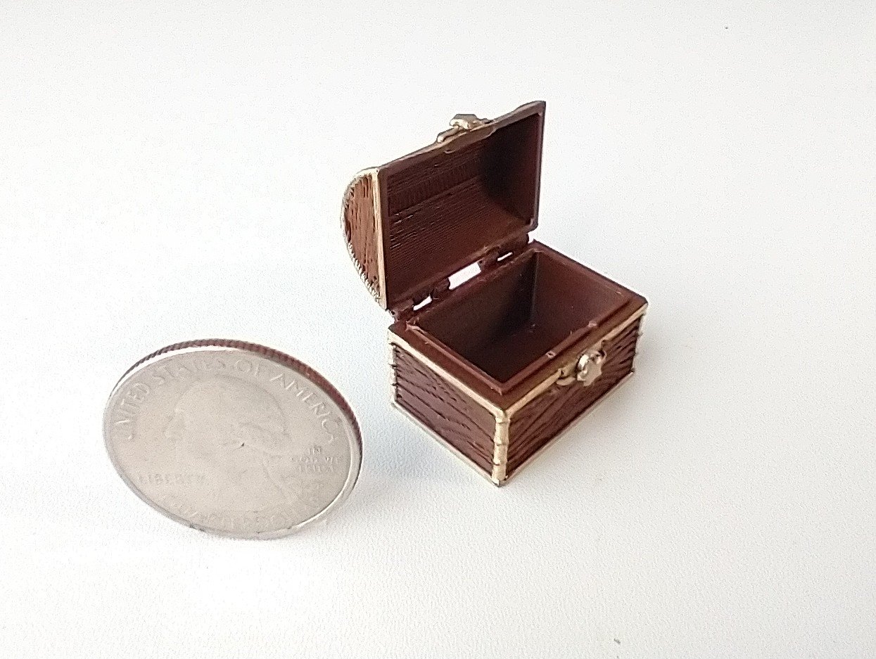 1:12 scale miniature treasure chest in chocolate color wood grain texture - an alternative to traditional pumpkin candy basket REF Small