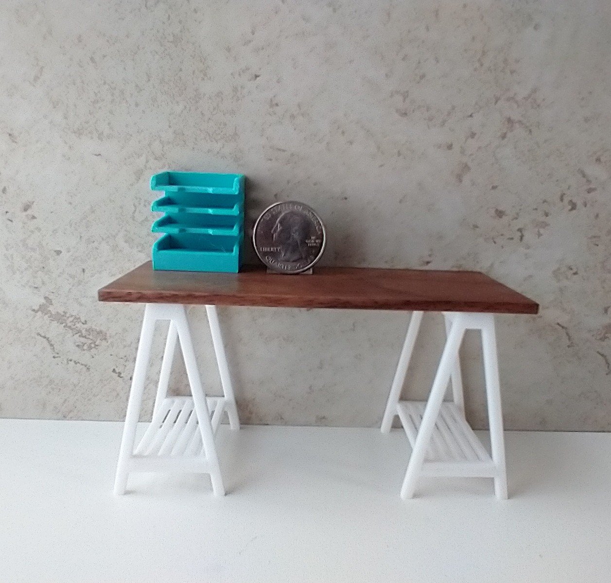 1:12 dollhouse miniature 4-tier letter paper tray organizer for desktop or craft room REF Turquoise w notched front edges PRICE is for EACH organizer
