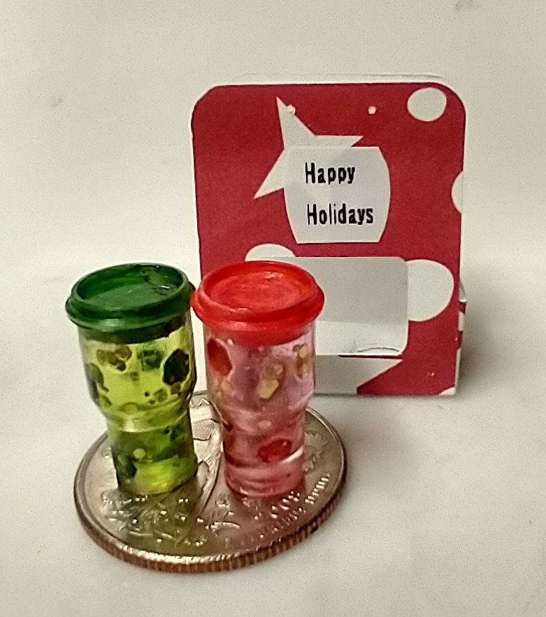 1:12 Dollhouse miniature two tumblers gift set Festive travel mugs with removable lids