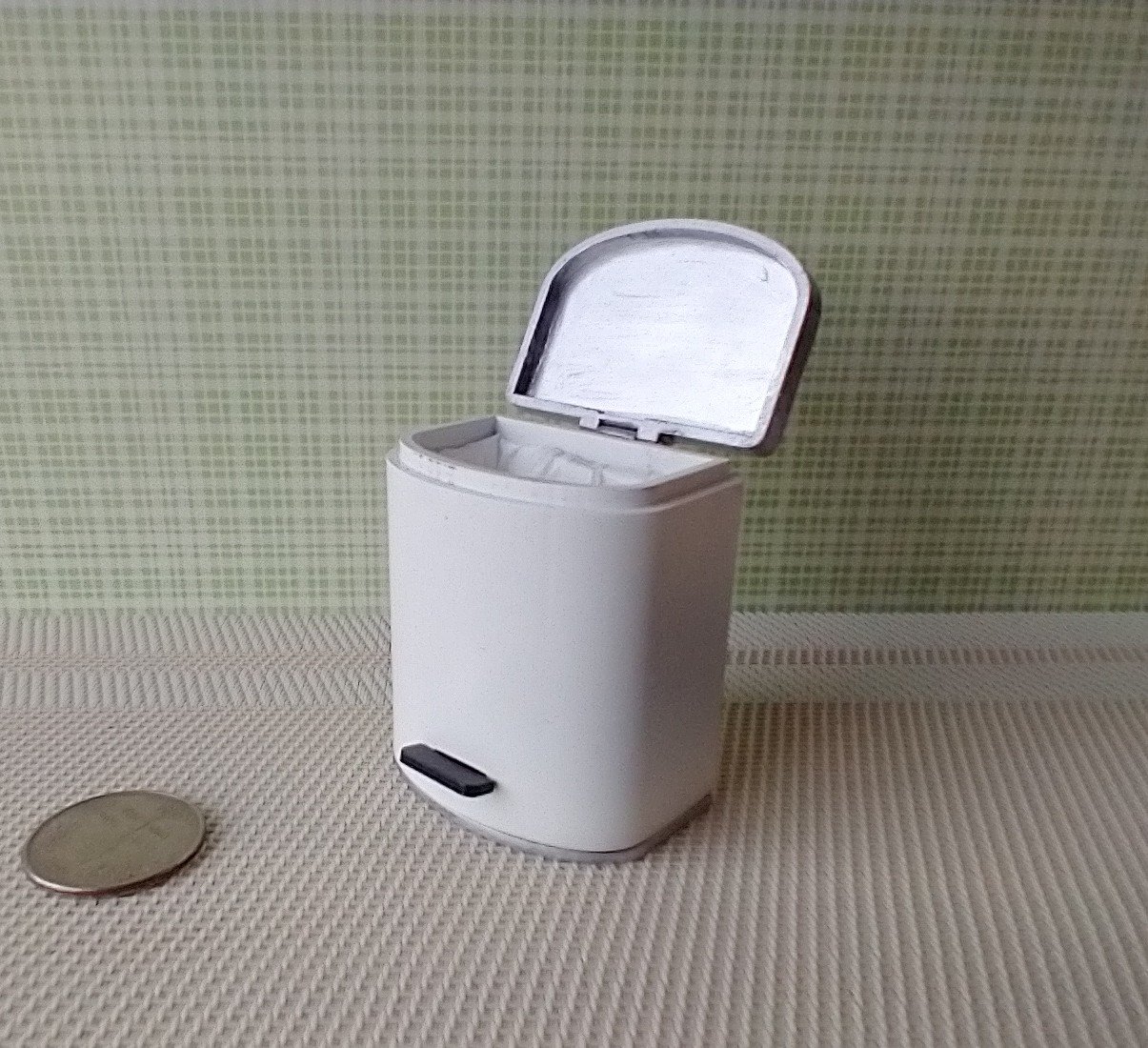1:12 Dollhouse kitchen trash can in white finish with black pedal hinged silvery lid Modern styled trash can Kitchen garbagge can