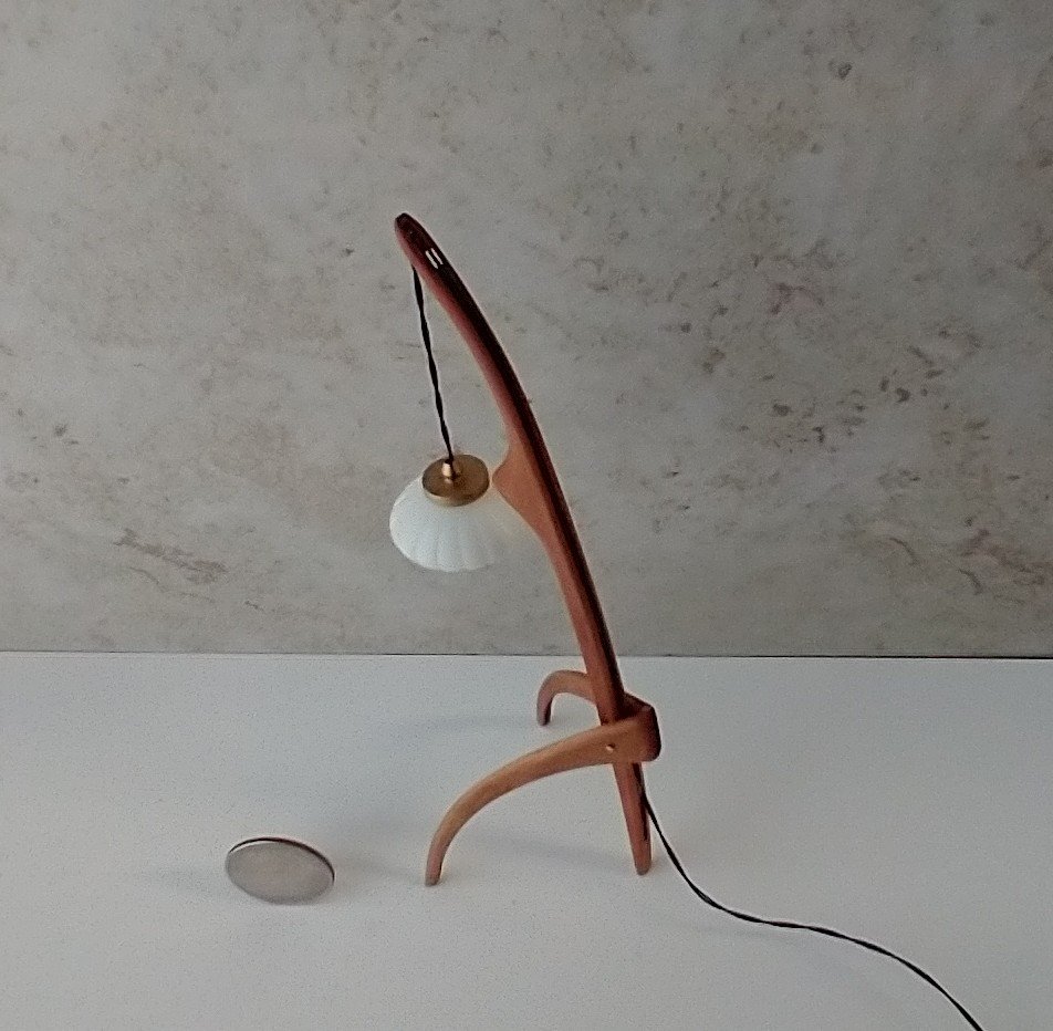 1:12 dollhouse miniature mid-century style floor lamp with sculptural tripod legs in solid cherry Rispal inspired Praying mantis lamp Battery operated LED lamp REF Cherry wood