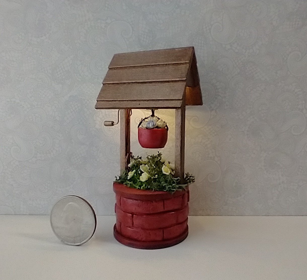 1:12 Dollhouse miniature battery operated lighted red brick wishing well planter with flowers