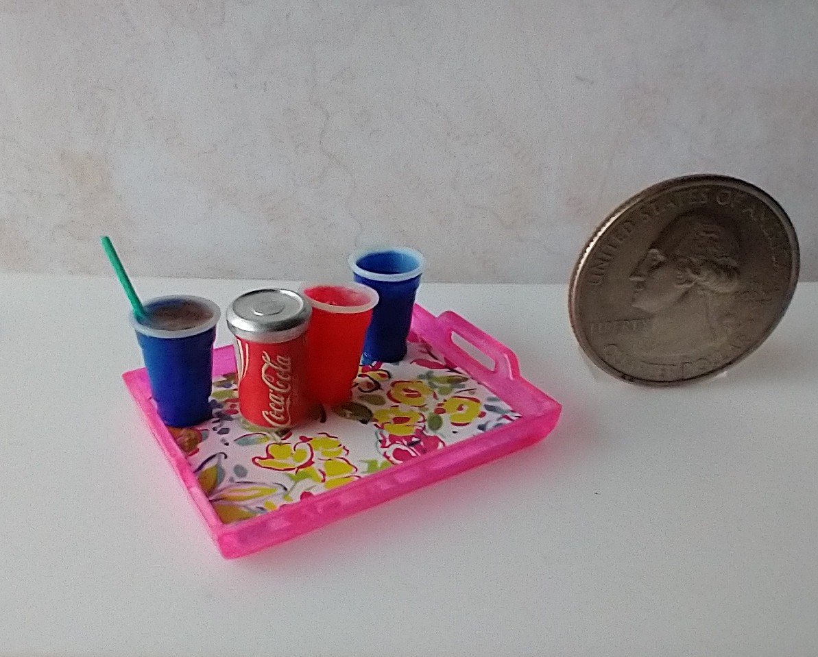 1:12 scale rectangular serving tray with spring florals translucent pink surround and two handles