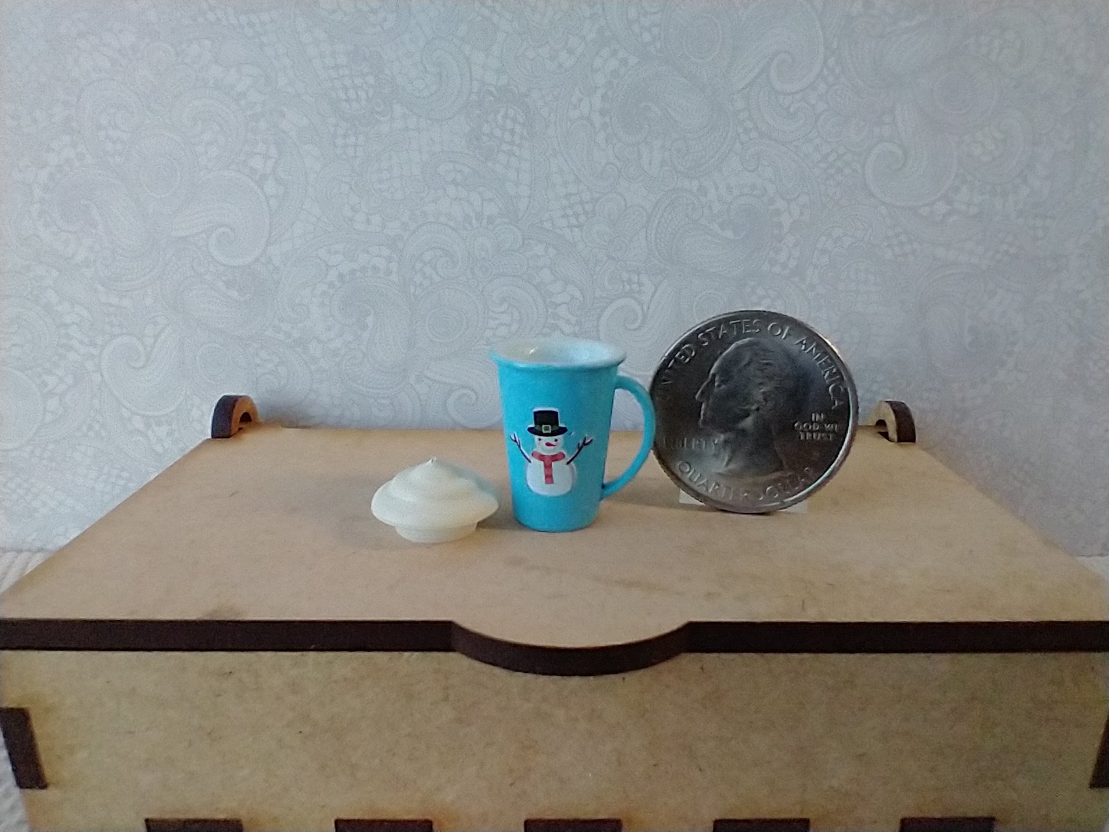 Play scale 1:6 or Barbie winter themed mug with cream lid for 12-inch dolls REF Blue with snowman & Let it snow texts