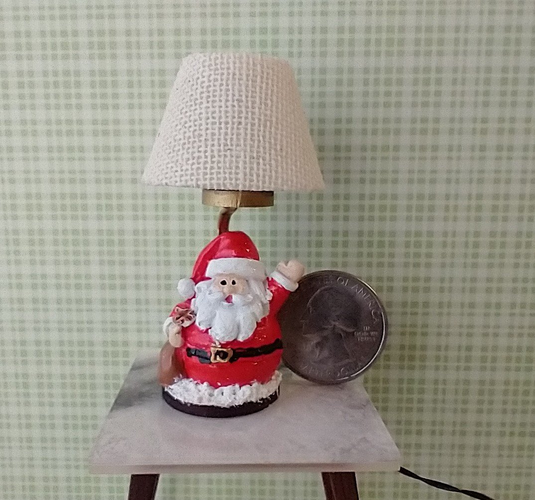 1:12 scale dollhouse miniature Santa Claus table lamp Battery operated holiday themed lamp on external wires