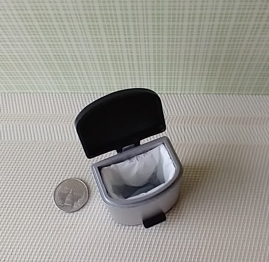 1:12 Dollhouse kitchen trash can in silvery finish with black pedal hinged black lid Modern styled trash can Kitchen garbage can