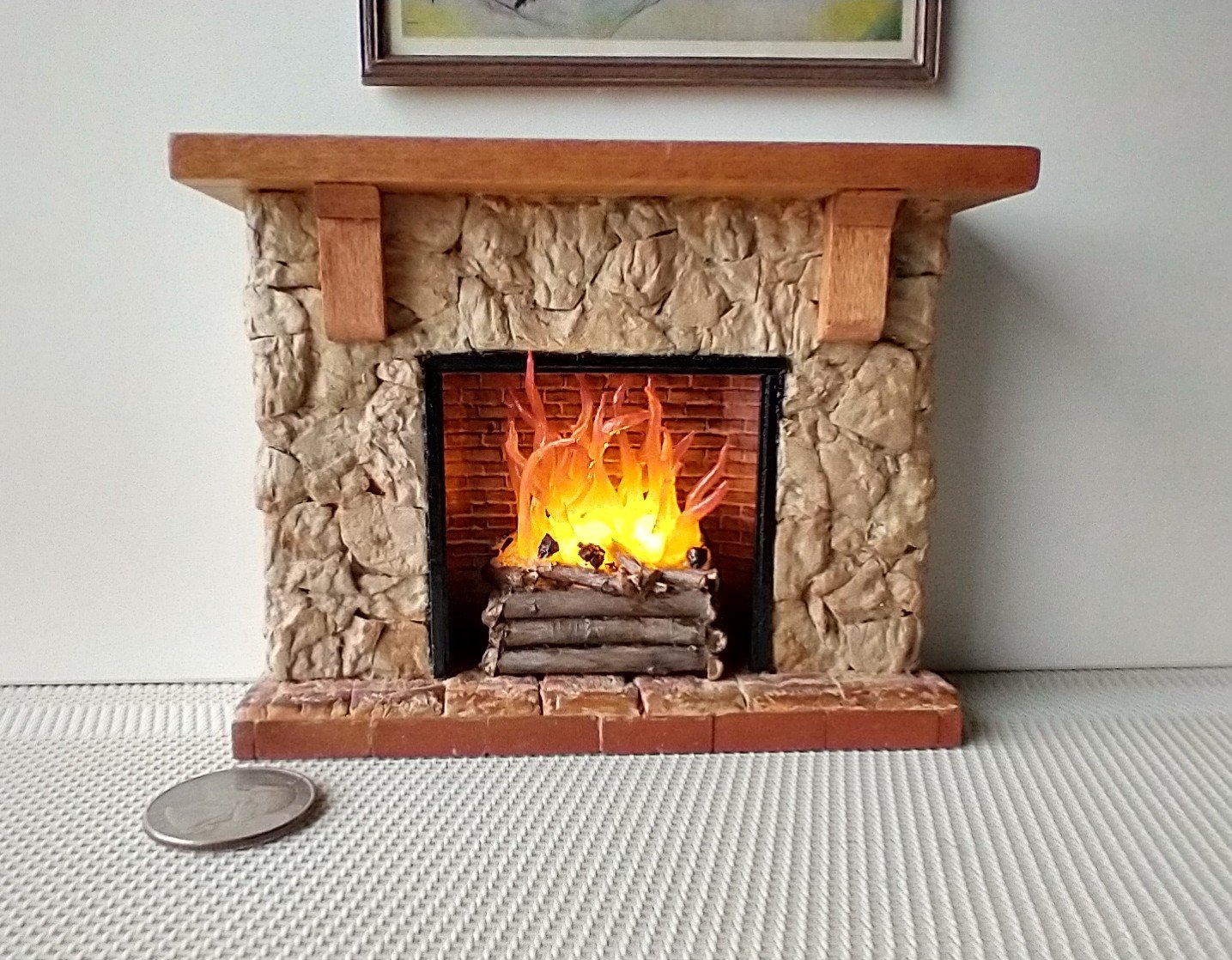 1:12 Dollhouse realistic light up firelogs insert with flickering flames Battery operated lit logs 1 unit Fireplace not included