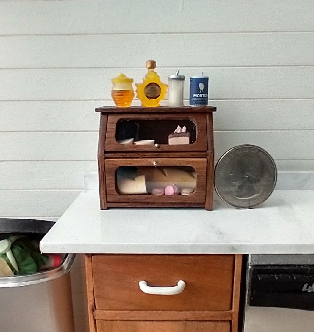 1:12 Dollhouse 2-tier bread box or goodies box with hinged doors and clear windows in solid walnut