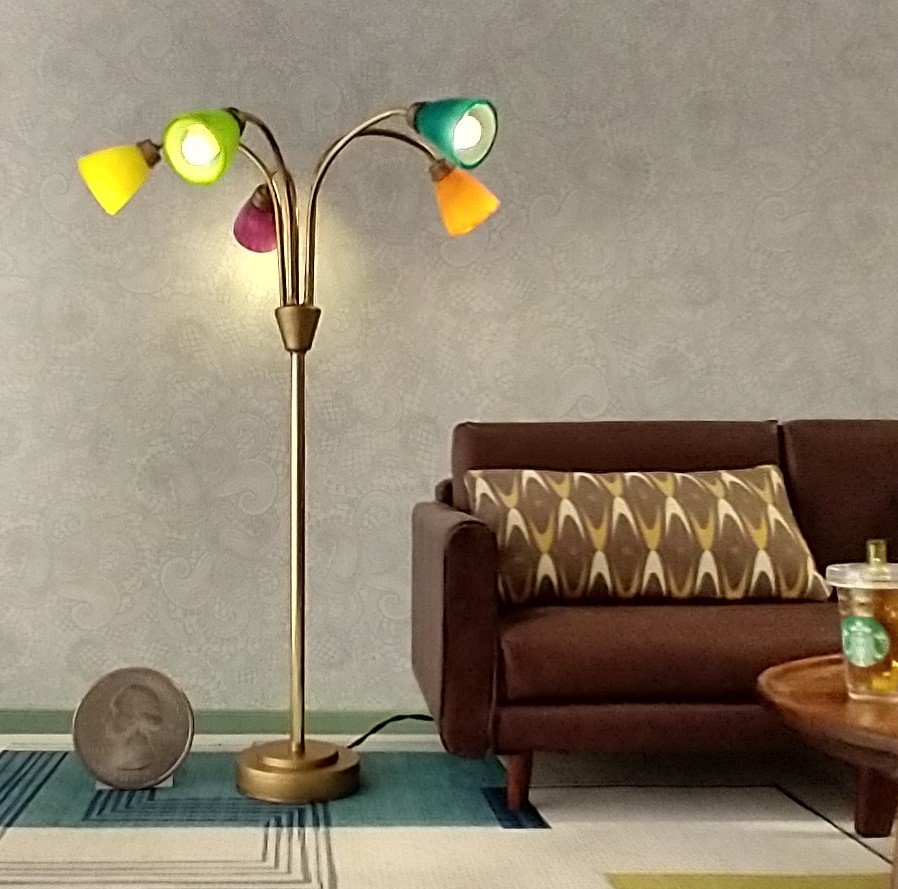 1:12 scale dollhouse mid-century style 5-arm floor lamp with shades in multiple colors