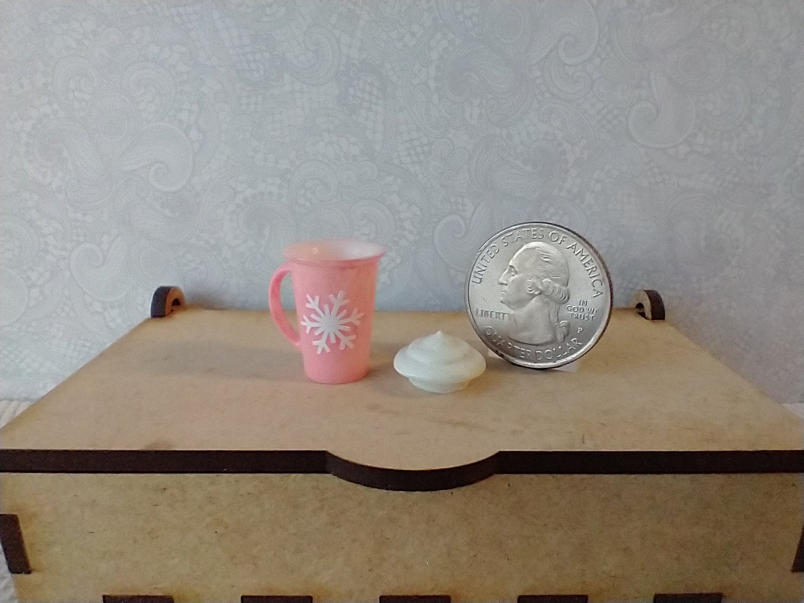 Play scale 1:6 or Barbie winter themed mug with cream lid for 12-inch dolls REF Pink with snowflake & Let it snow texts