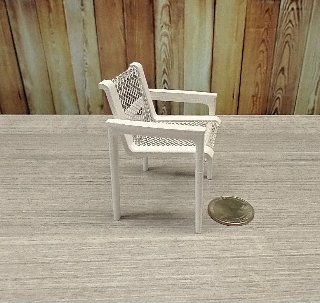 1:12 scale dollhouse patio dining chair with armrests and metal mesh inspired by Richard Schultz's MCM aluminum outdoor dining chair (Knoll collection) Price is for EACH