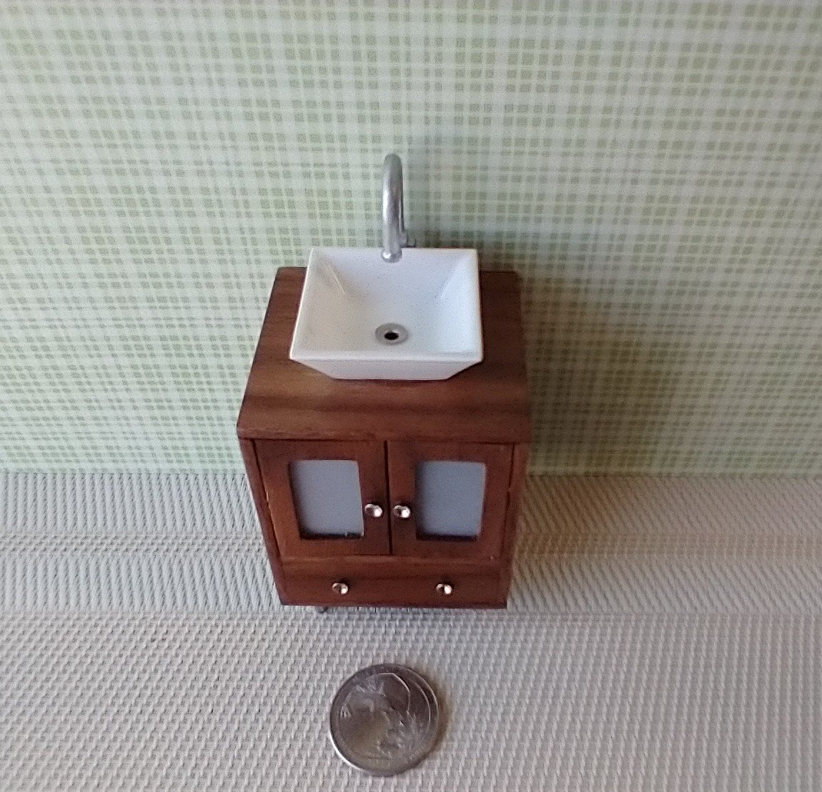 RESERVED 1:12 Dollhouse contemporary bath single sink vanity cabinet in solid walnut two working doors with frosted panes and chrome finish legs and hardware