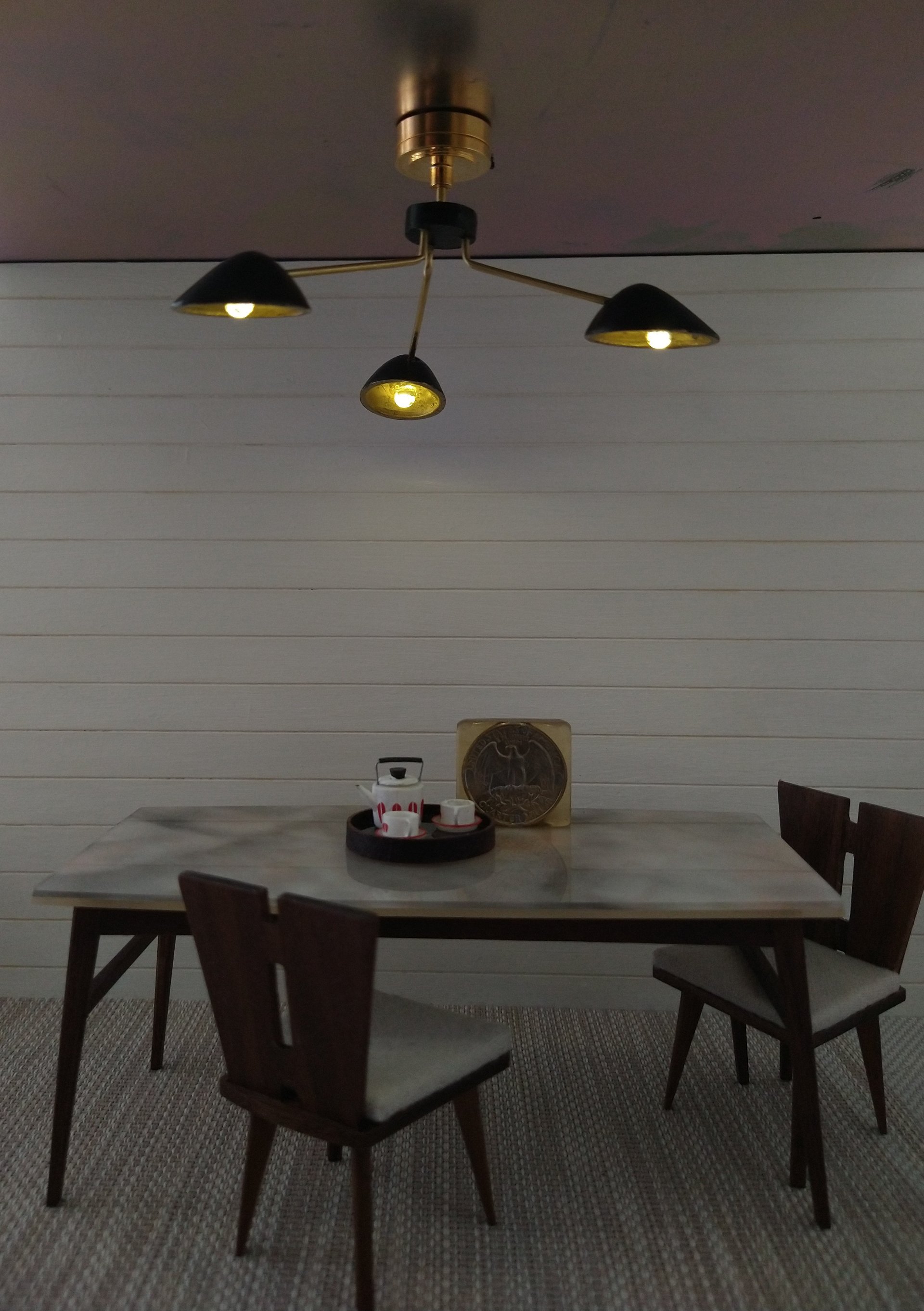 RESERVED 1:12 Dollhouse miniature mid-century modern curvilinear chandelier MCM 3-light ceiling light Battery operated LED miniature lamp