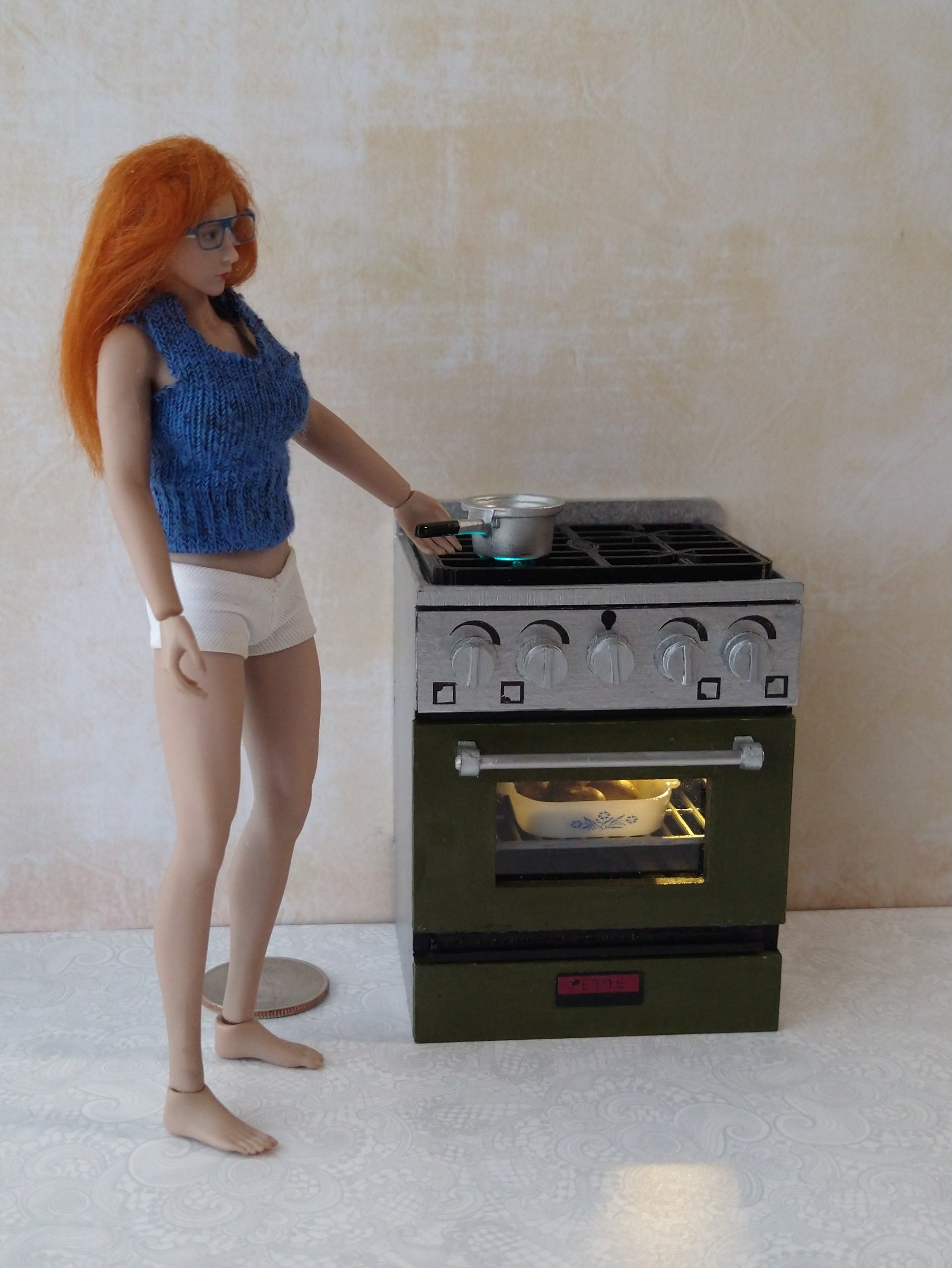 RESERVED 1:12 Dollhouse gas stove with  light up oven and four burners with suggested blue flames Door and faux drawer in green with silvery sides