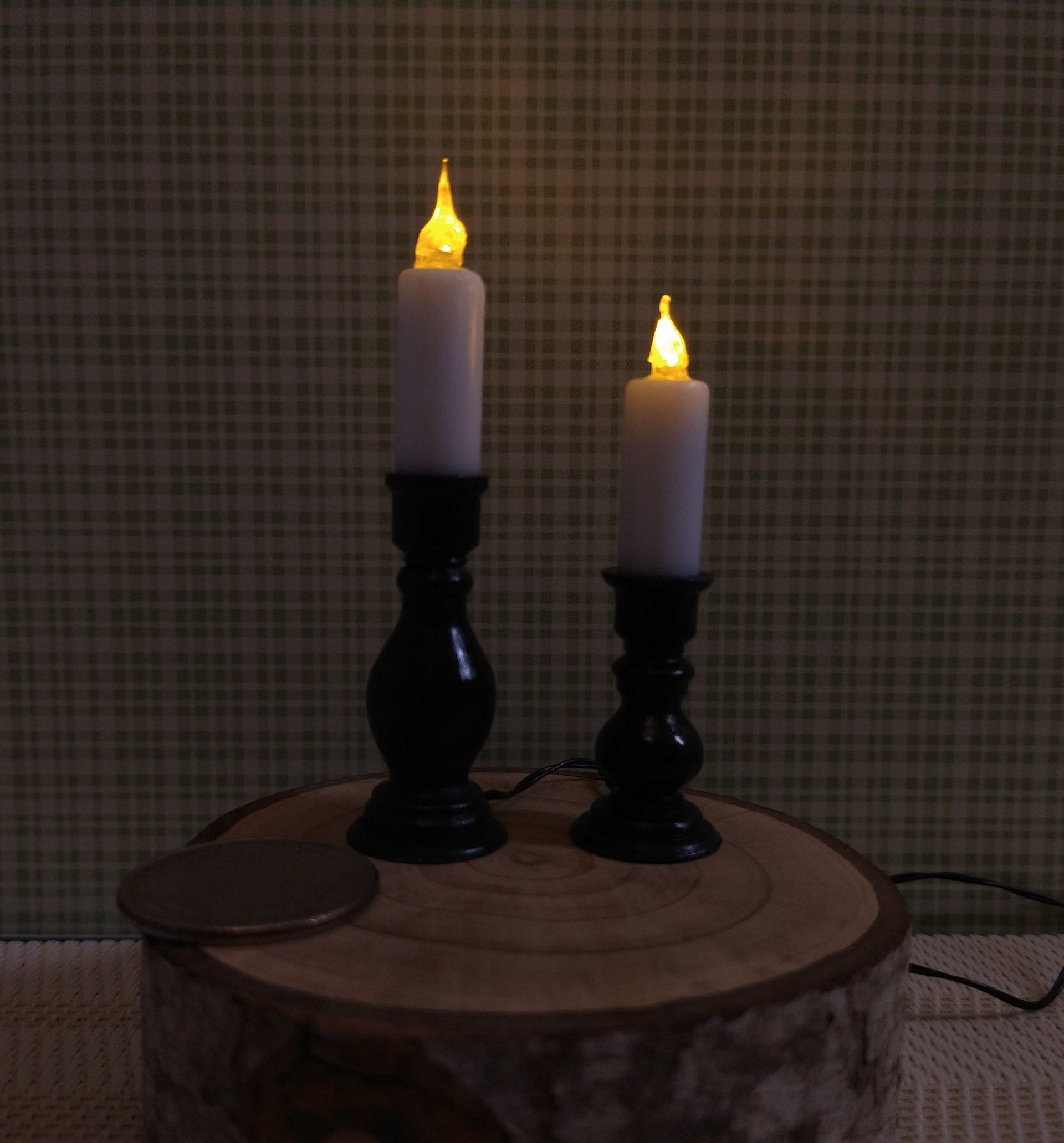 1:12 Dollhouse set of two floor candlestick holders with flickering flames Battery operated light up candles in a pair of candlestick holders