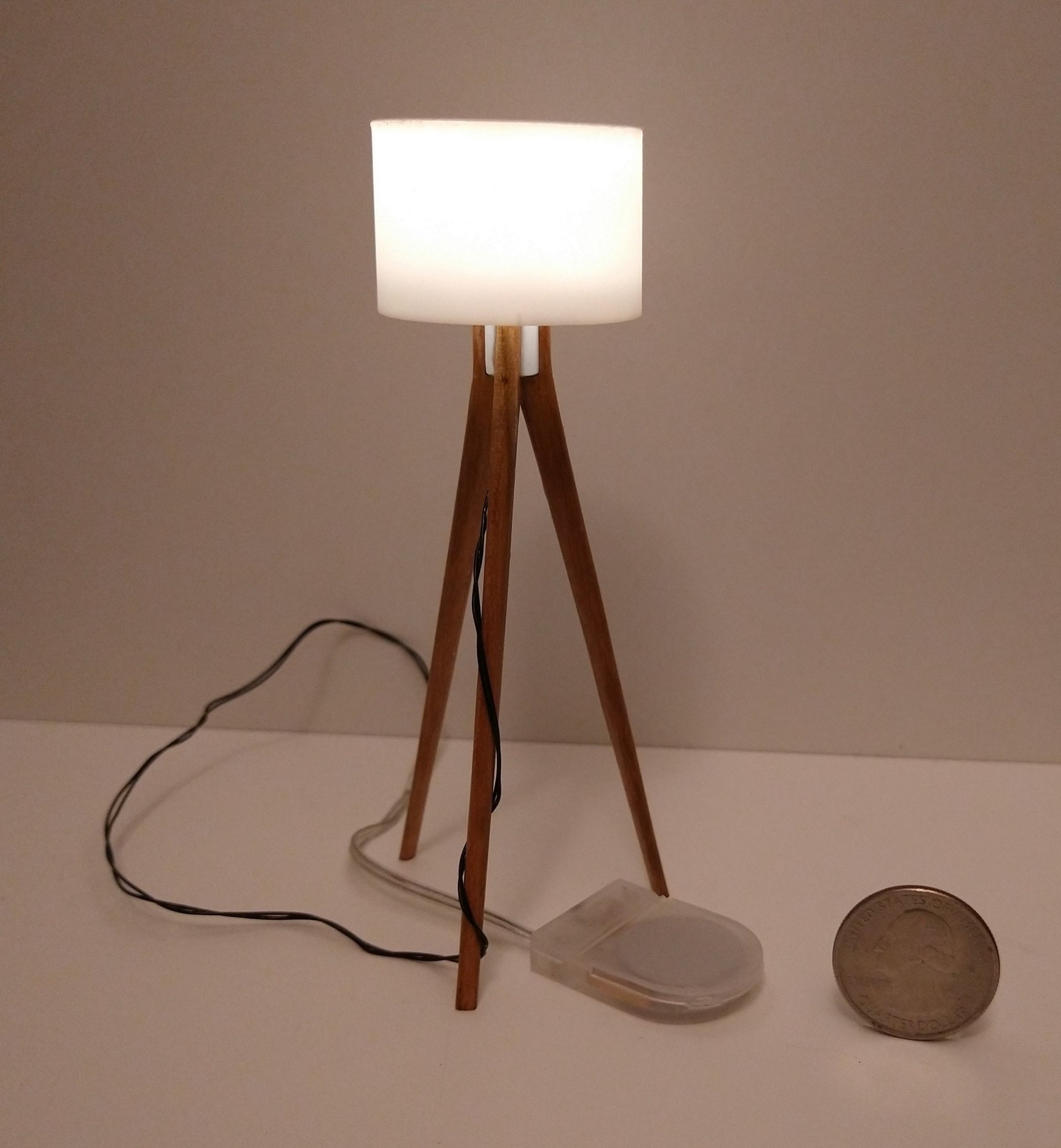 RESERVED for Robin 1:12 Dollhouse miniature tripod floor lamp cherry wood legs Modern tripod lamp Battery operated floor lamp with external wires
