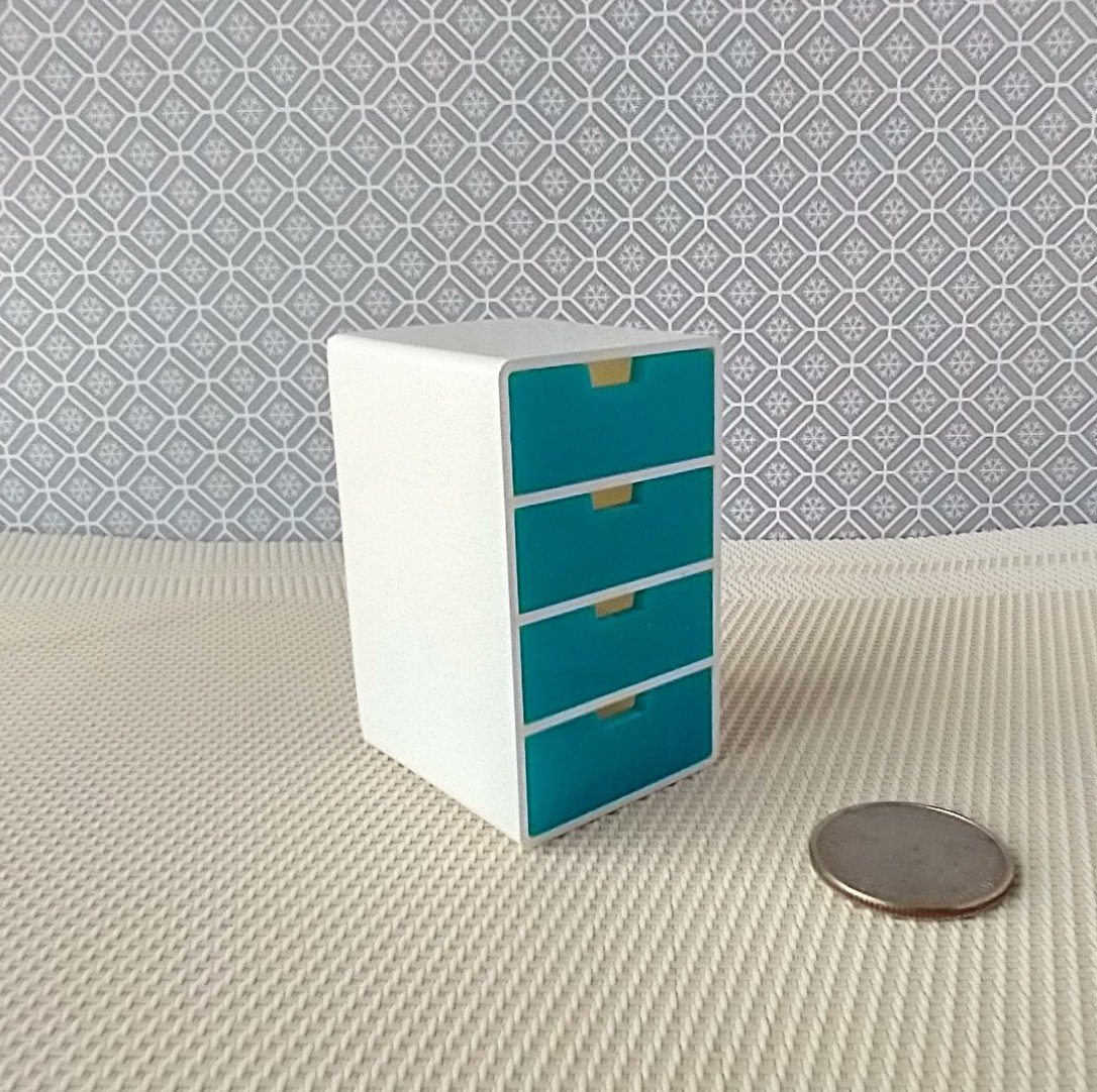 1:12 Dollhouse 4-drawer unit Storage chest of drawers with rounded corners contemporary style for mini home office or craft room REF Turquoise