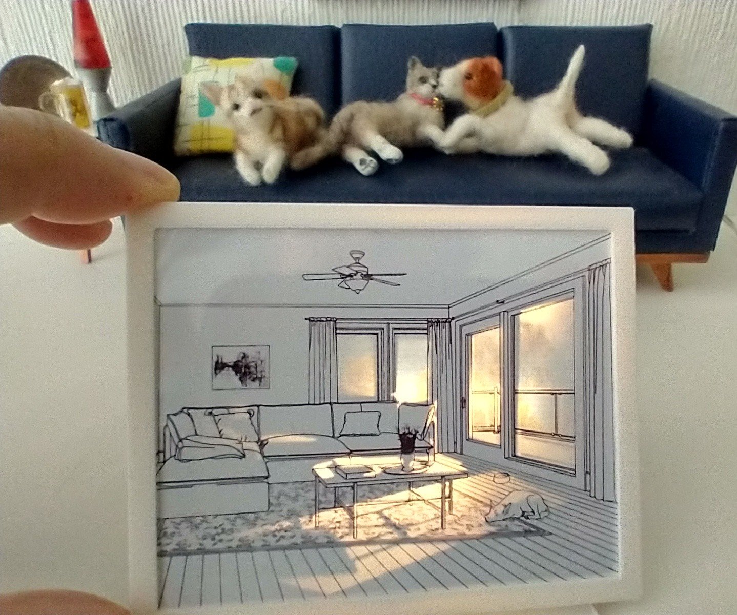 1:12 scale dollhouse light box painting or battery powered light and shadows painting REF White frame + ceiling fan