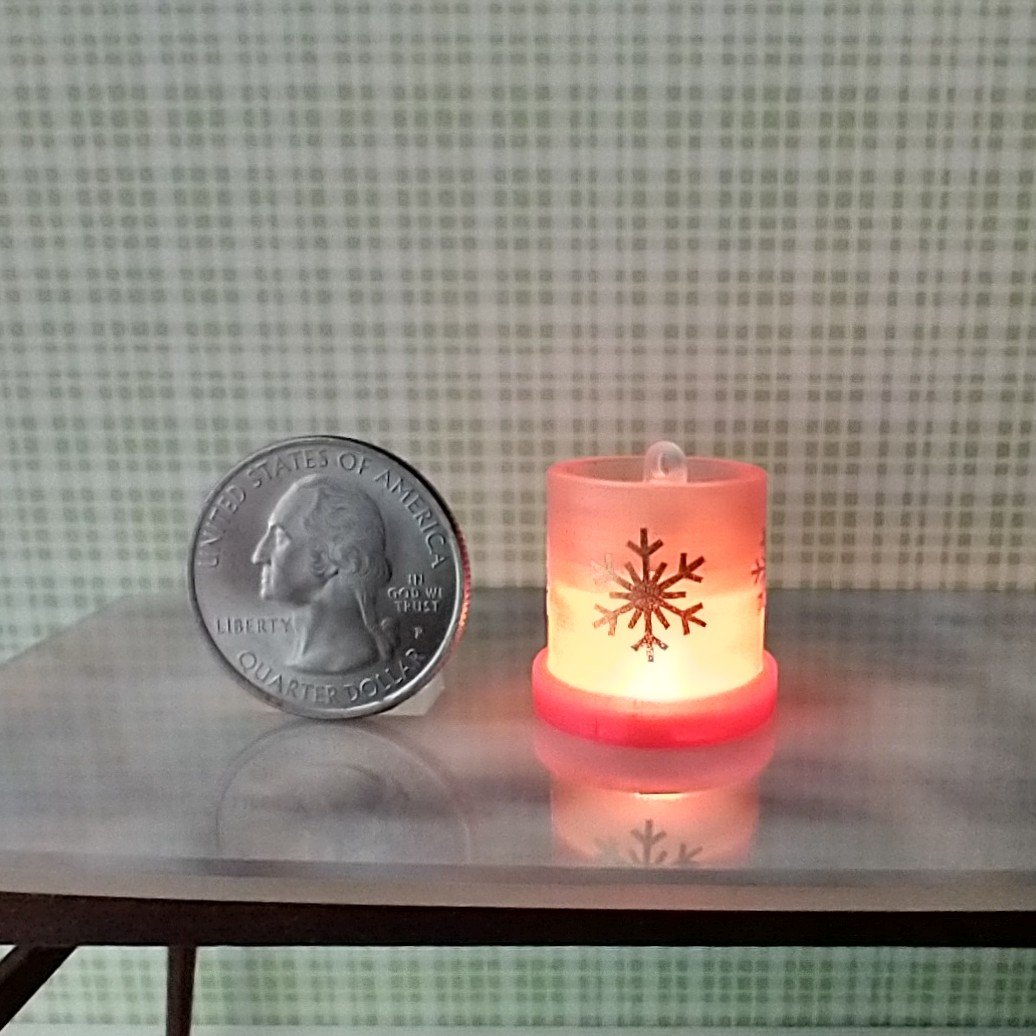 1:12 Dollhouse miniature fall candle sleeve or battery lighted candle holder REF Golden and white snowflakes