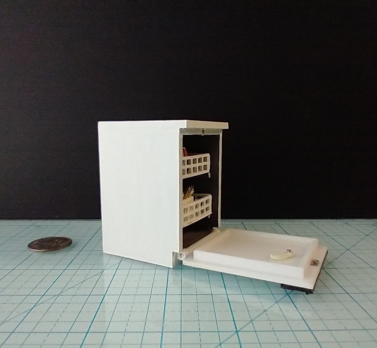 1:12 Dollhouse dishwasher with two slide out racks one flatware basket and detergent holder and hinged door REF White