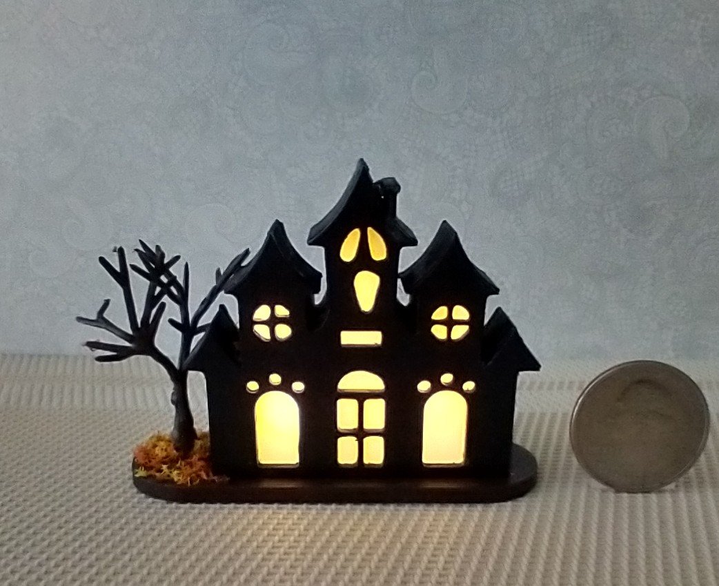 PREORDER Deposit of $1 for one unit of miniature light up halloween haunted house with leafless tree Battery operated for 1-inch scale or play scale