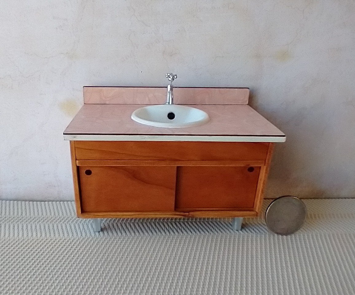 RESERVED 1:12 Dollhouse mid-century styled bath single sink vanity cabinet Angled cabinet undermount sink with backsplash and sliding doors