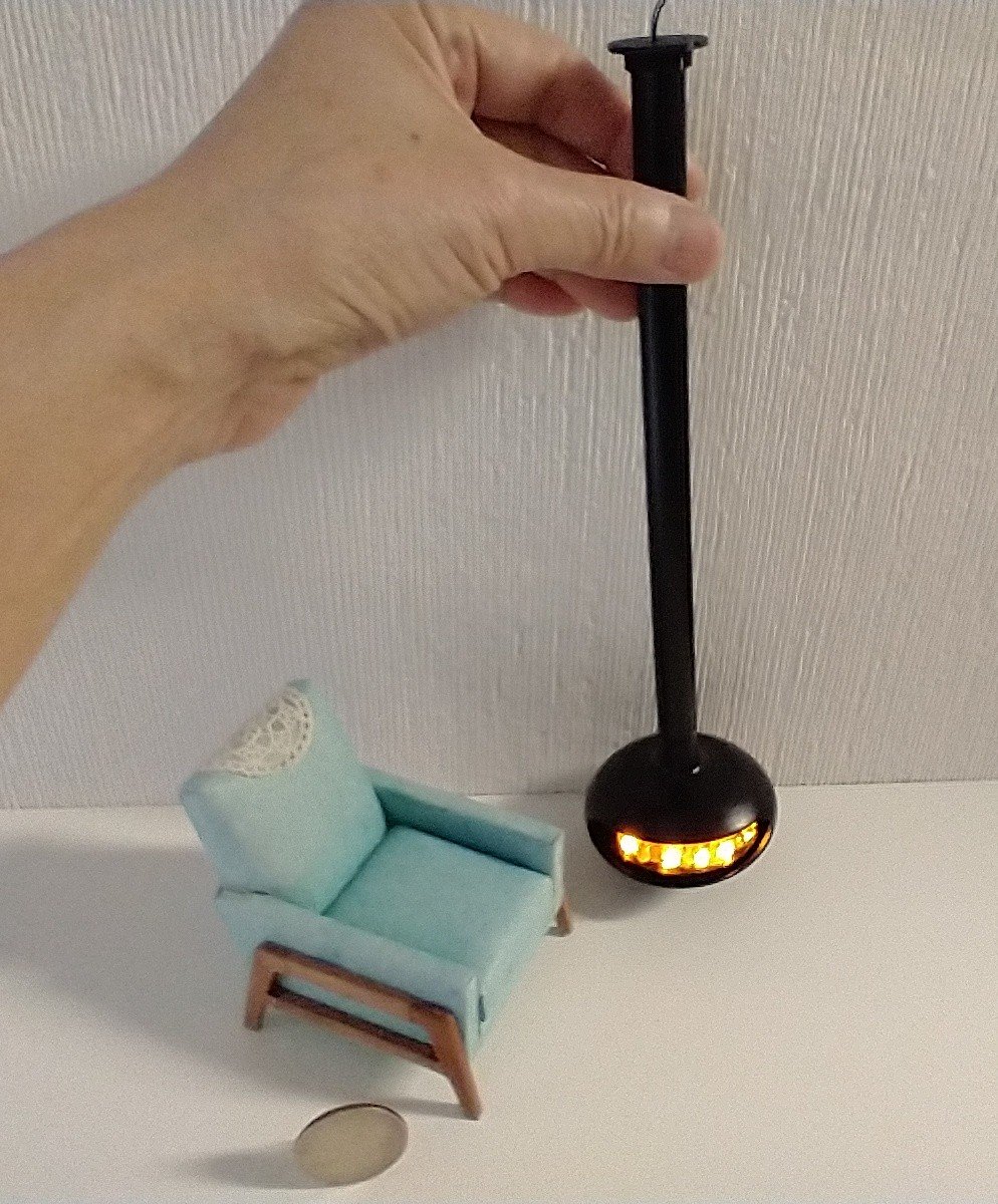 RESERVED for Sherryl.  1:12 Dollhouse miniature hanging modern fireplace with flickering insert REF Black