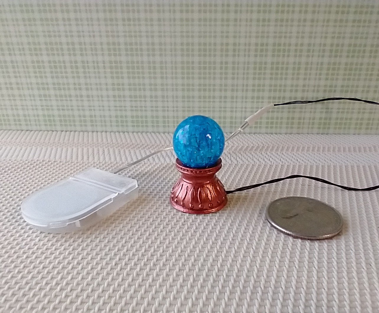 1-inch scale miniature light up crystal ball Battery operated lighted crystal sphere Halloween decor REF Copper finish stand