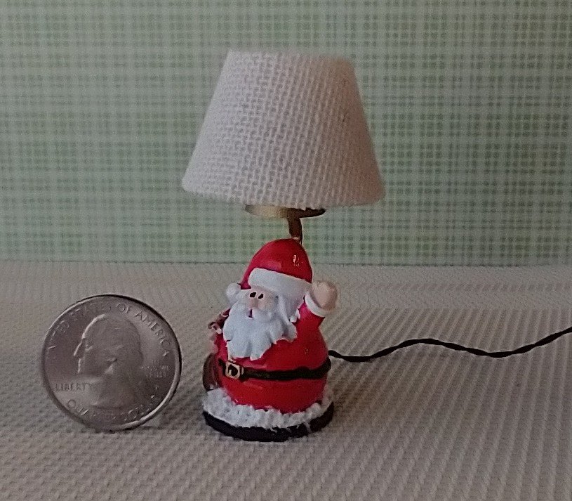 1:12 scale dollhouse miniature Santa Claus table lamp Battery operated holiday themed lamp on external wires