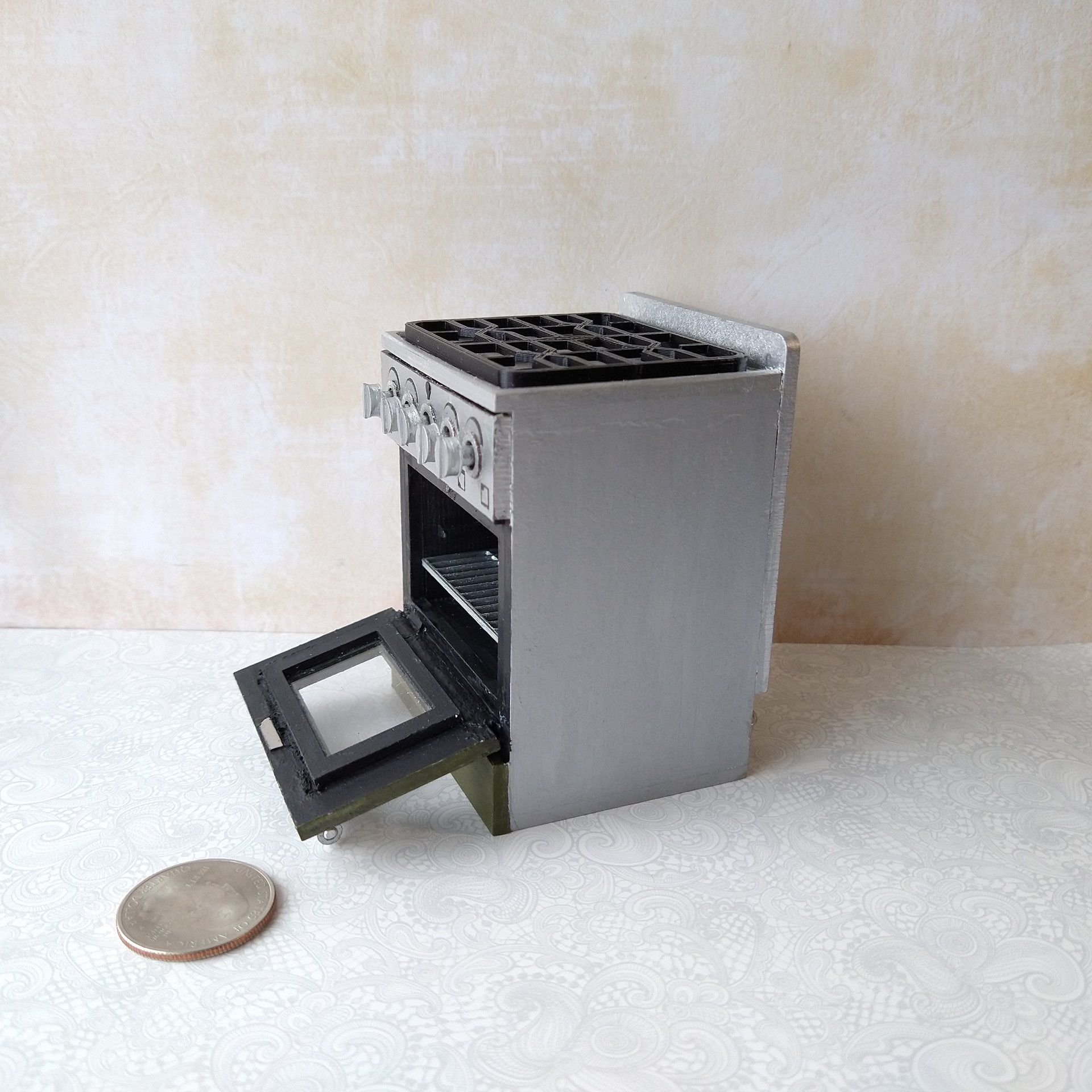 RESERVED 1:12 Dollhouse gas stove with  light up oven and four burners with suggested blue flames Door and faux drawer in green with silvery sides