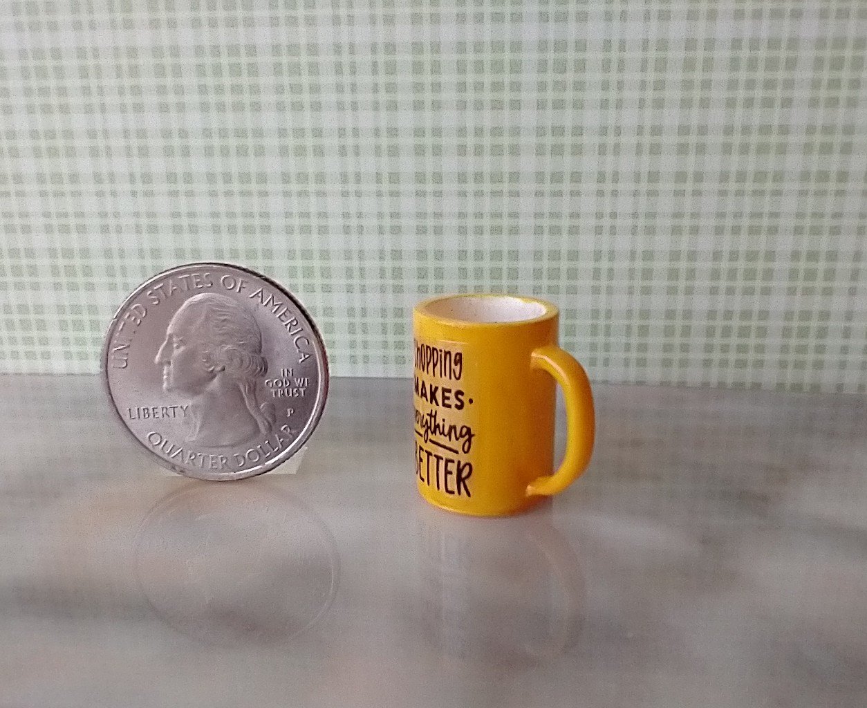 Play scale 1:6 or Barbie dollhouse yellow coffee mug with message Shopping Makes Everything Better for 12-inch dolls REF Yellow shopping